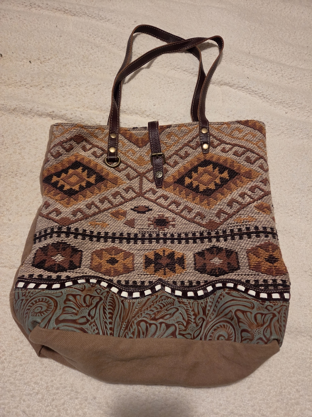 Myra Boho Aztec Tote Bag with Leather Straps